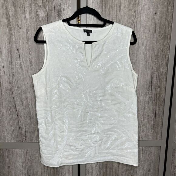Talbots Sleeveless Top Linen Sequins Tropical Size Zip White Color Sz 10 - Picture 1 of 9